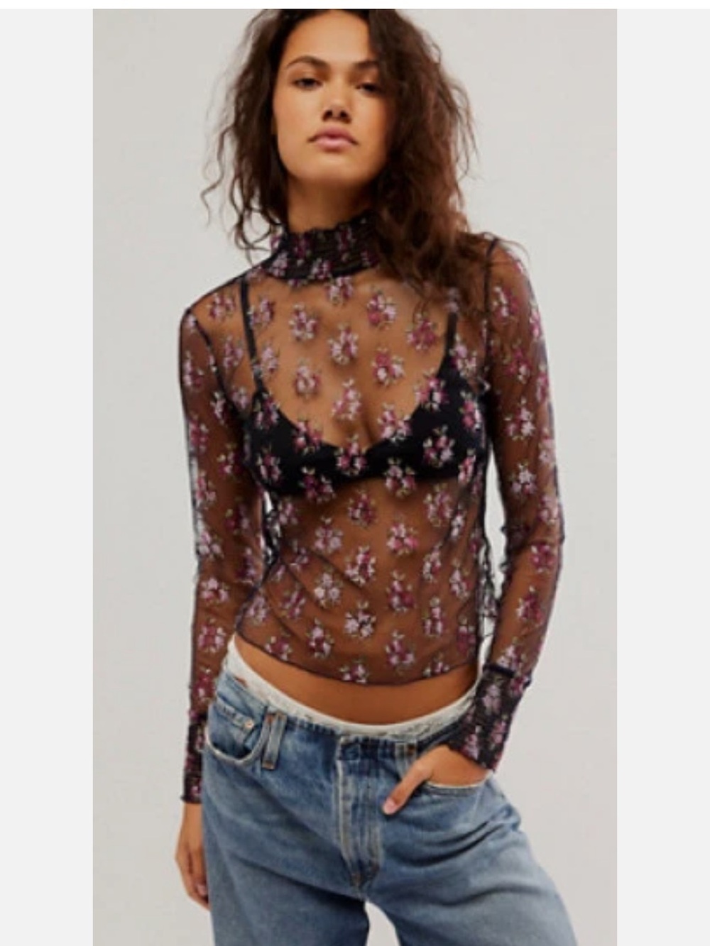 Free people talk that talk Floral Embroidered Sheer Long-Sleeve Top in Black